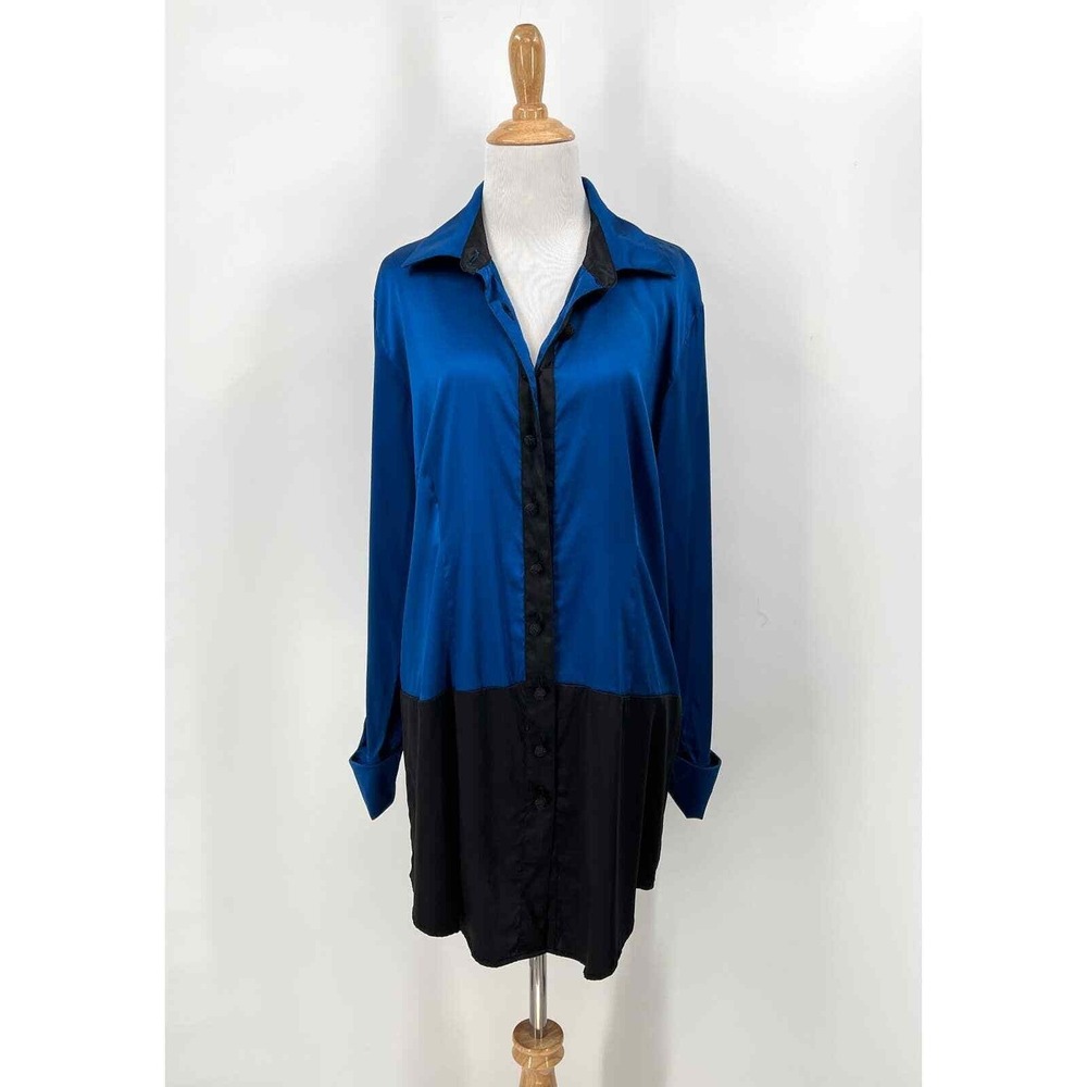SOFT SURROUNDINGS Silk Colorblock Button Up Shirt Womens Medium Blue Black Tunic